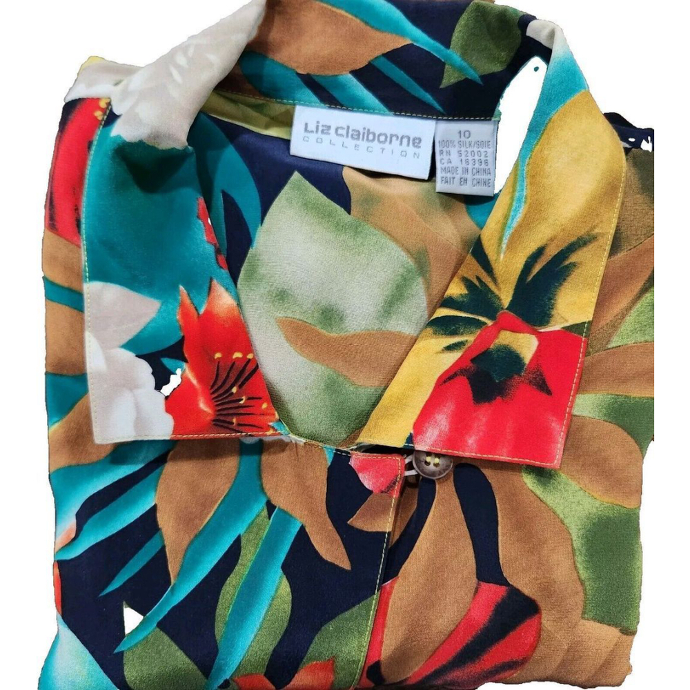 Liz Claiborne Collection 100% Silk Blouse Womens Size 10 Button Up Floral Pocket